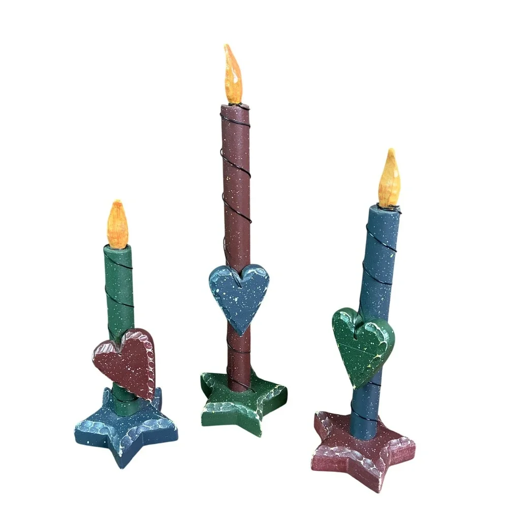 Primitive Wooden Candle Set 3 Rustic Heart Star Base Distressed Folk Art Decor